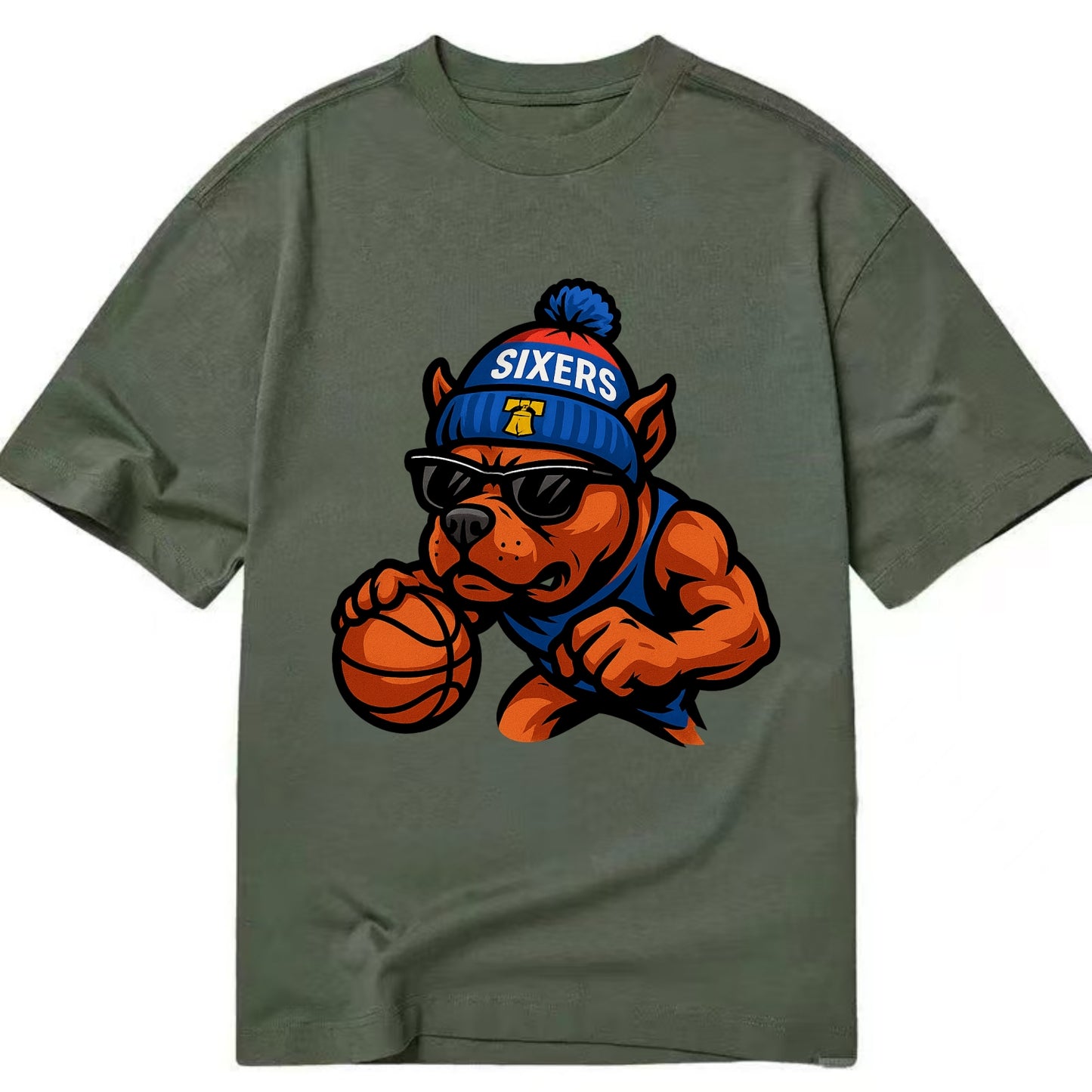 Philly Pitbull wearing Sixers beanie with Liberty Bell and wayfarer sunglasses - Classic T-shirt - Army Green