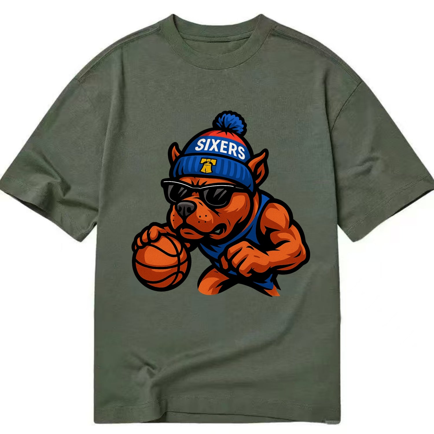Philly Pitbull wearing Sixers beanie with Liberty Bell and wayfarer sunglasses - Classic T-shirt - Army Green