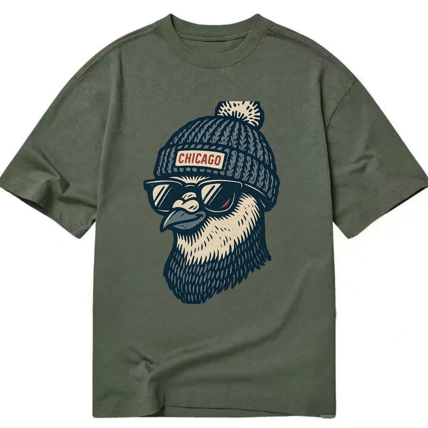 Chicago Pigeon wearing Chicago beanie with pom pom and wayfarer sunglasses - Classic T-shirt - Army Green