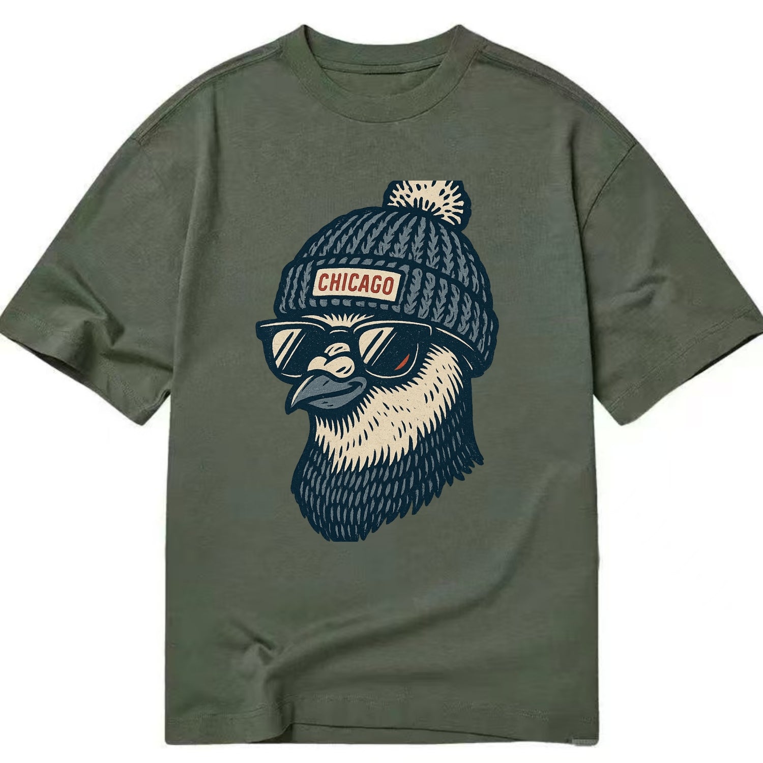 Chicago Pigeon wearing Chicago beanie with pom pom and wayfarer sunglasses - Classic T-shirt - Army Green