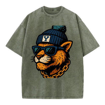 Provo Cougar wearing BYU beanie with Y patch - Vintage T-shirt - Army Green