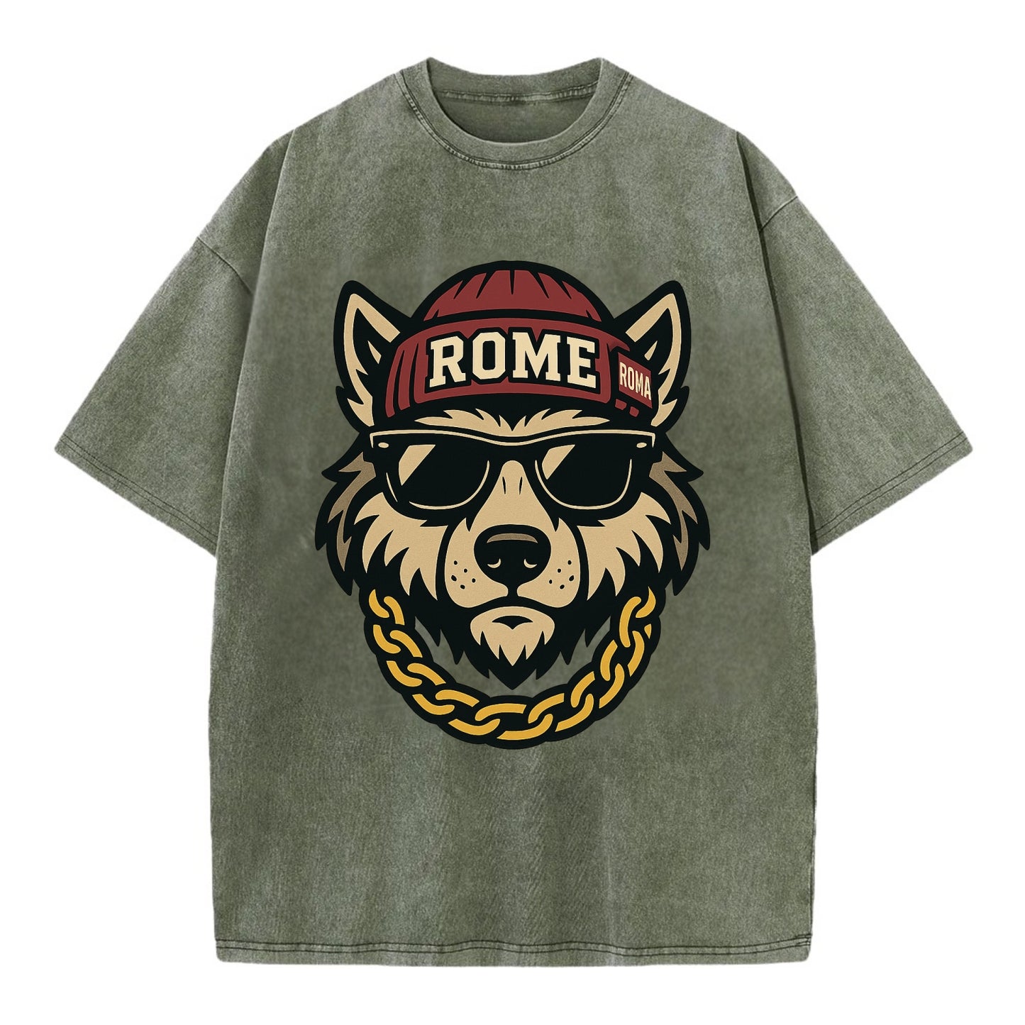 Rome Wolf - Vintage T-shirt - Army Green