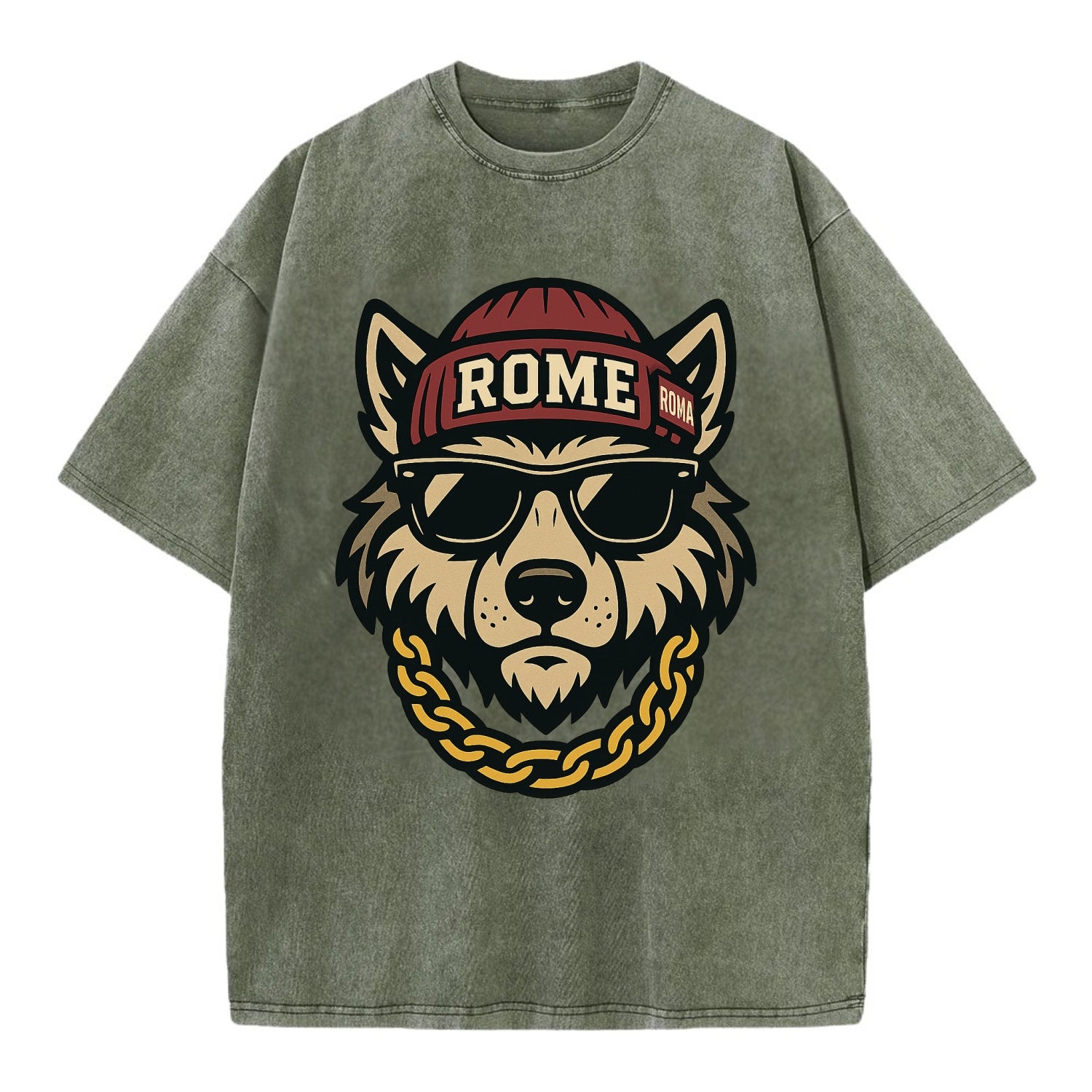 Rome Wolf - Vintage T-shirt - Army Green
