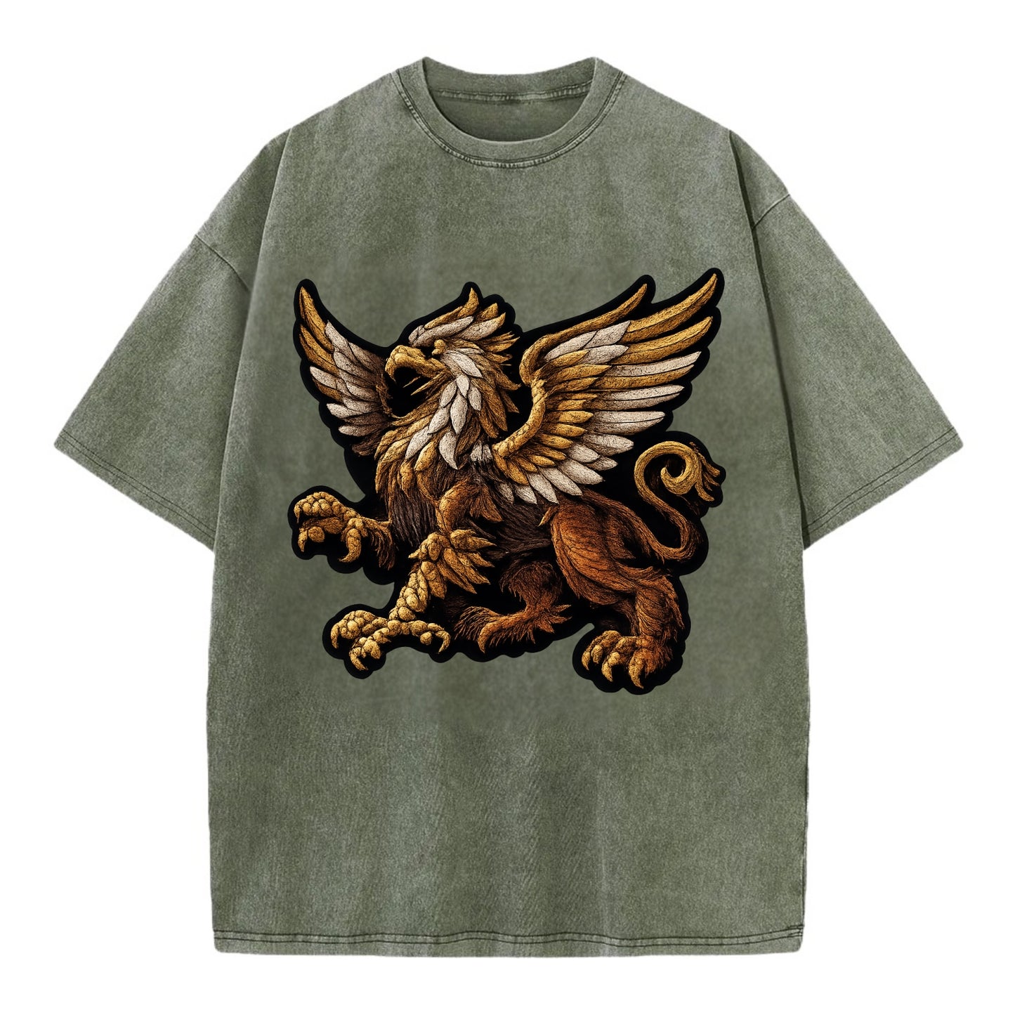 GRIFFIN BEAST - lion eagle hybrid in gold and brown , heraldic - Vintage T-shirt - Army Green