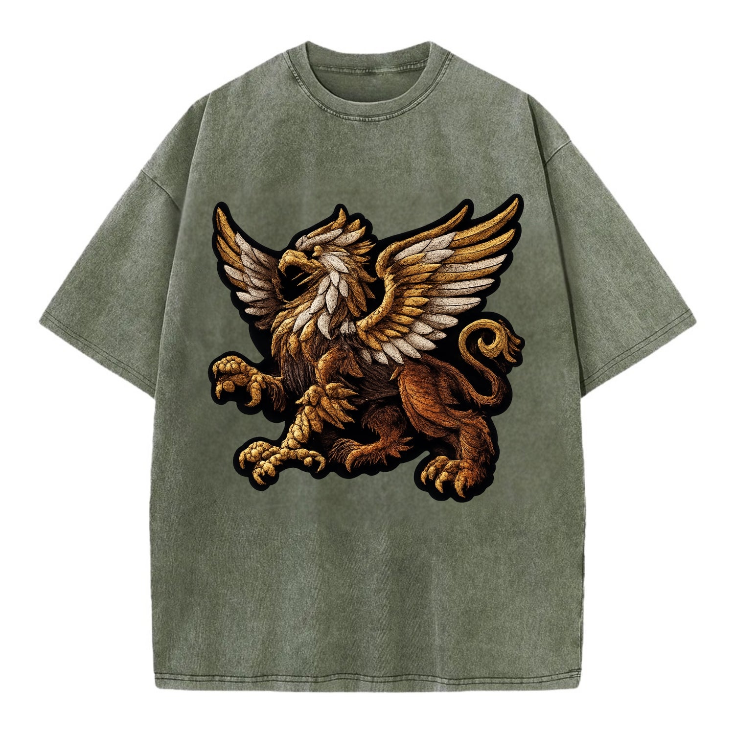GRIFFIN BEAST - lion eagle hybrid in gold and brown , heraldic - Vintage T-shirt - Army Green