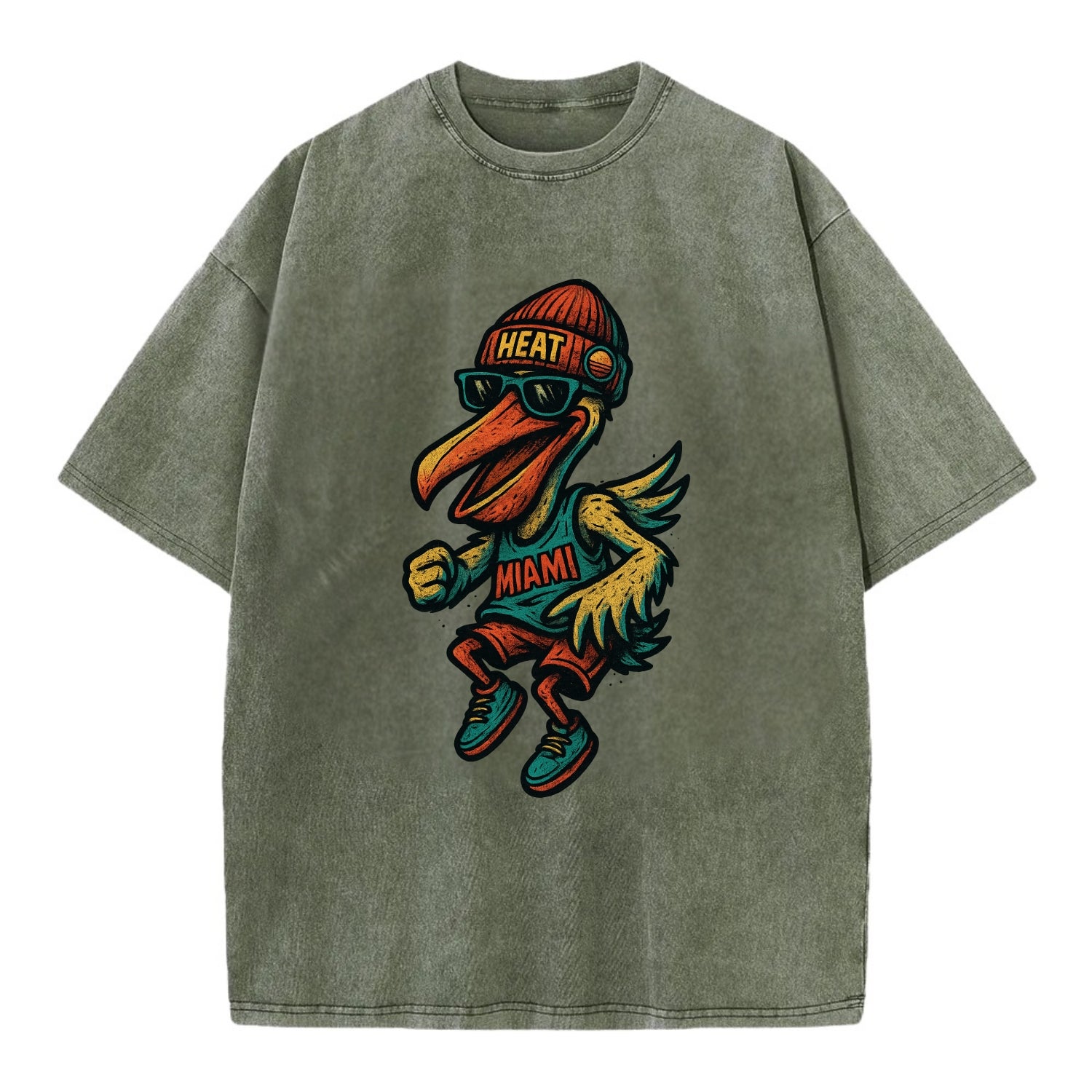 Miami Pelican wearing Heat beanie with sunset patch and wayfarer sunglasses - Vintage T-shirt - Army Green