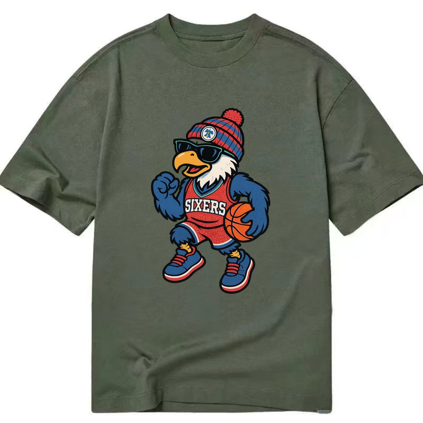 Philadelphia Eagle wearing 76ers red white and blue beanie with bell patch and - Classic T-shirt - Army Green
