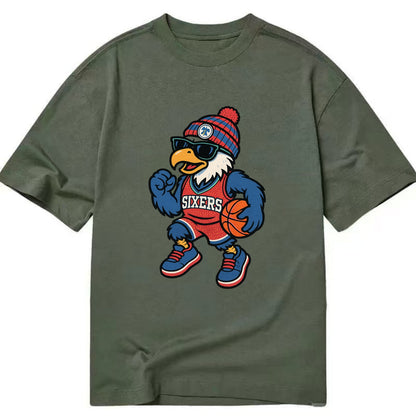Philadelphia Eagle wearing 76ers red white and blue beanie with bell patch and - Classic T-shirt - Army Green
