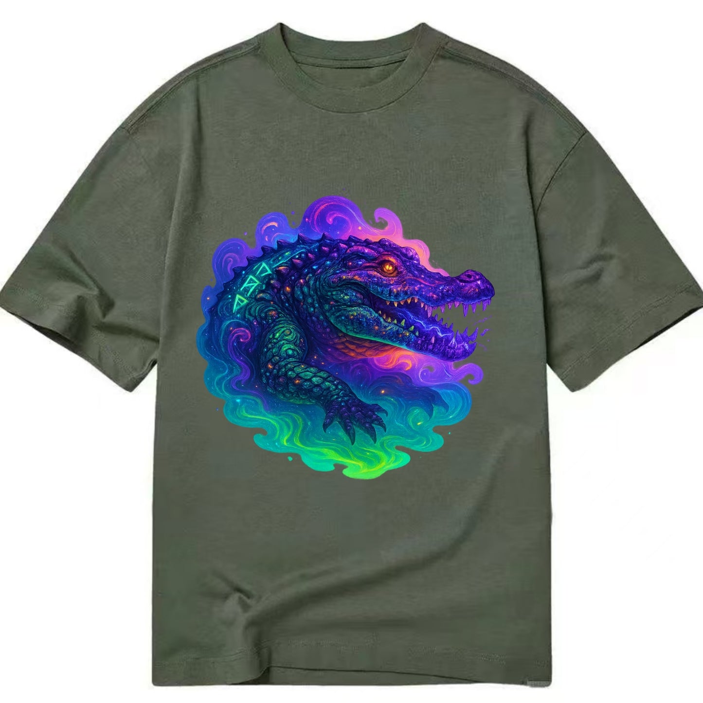 Primordial crocodile with scales pulsing plasma energy in green and purple, - Classic T-shirt - Army Green