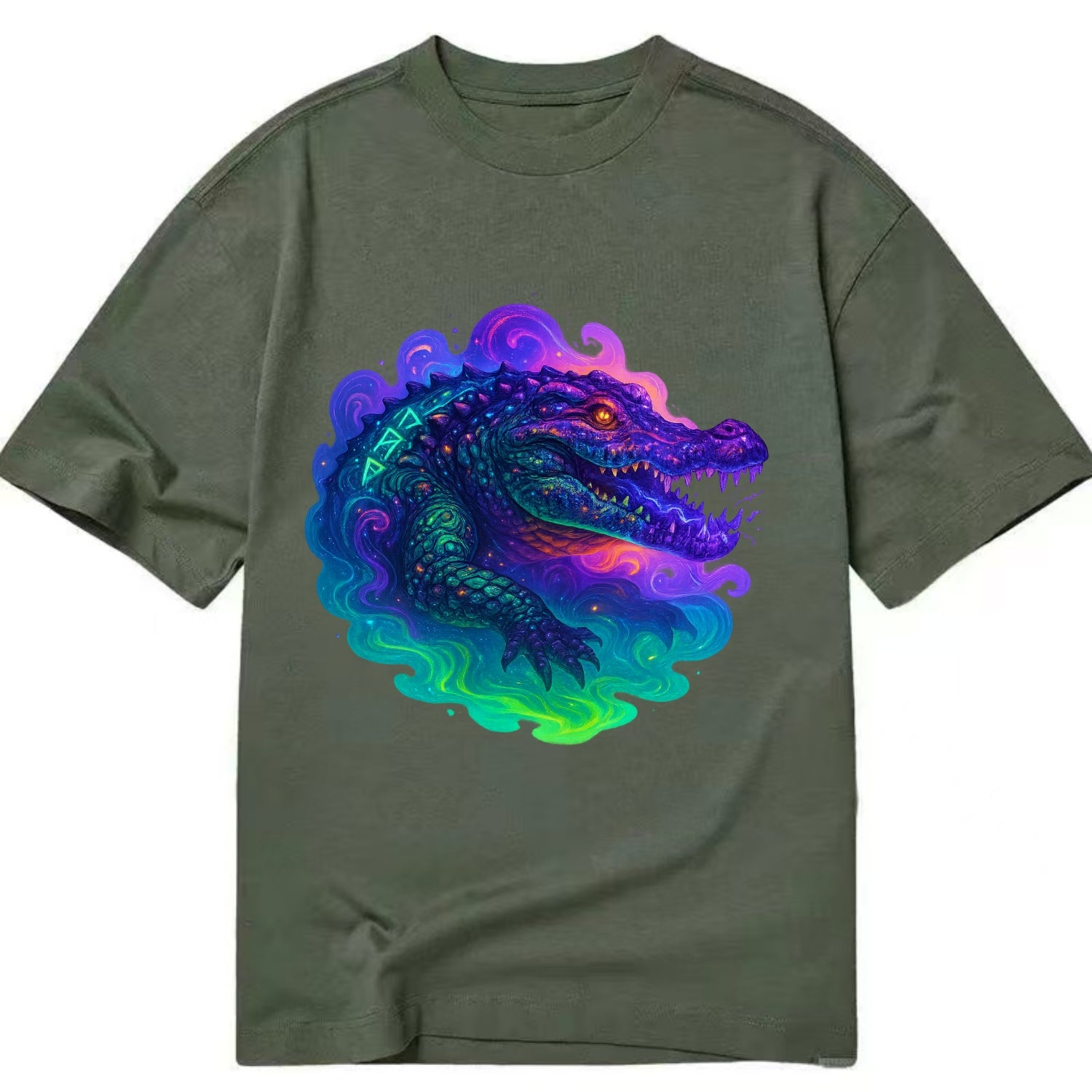 Primordial crocodile with scales pulsing plasma energy in green and purple, - Classic T-shirt - Army Green
