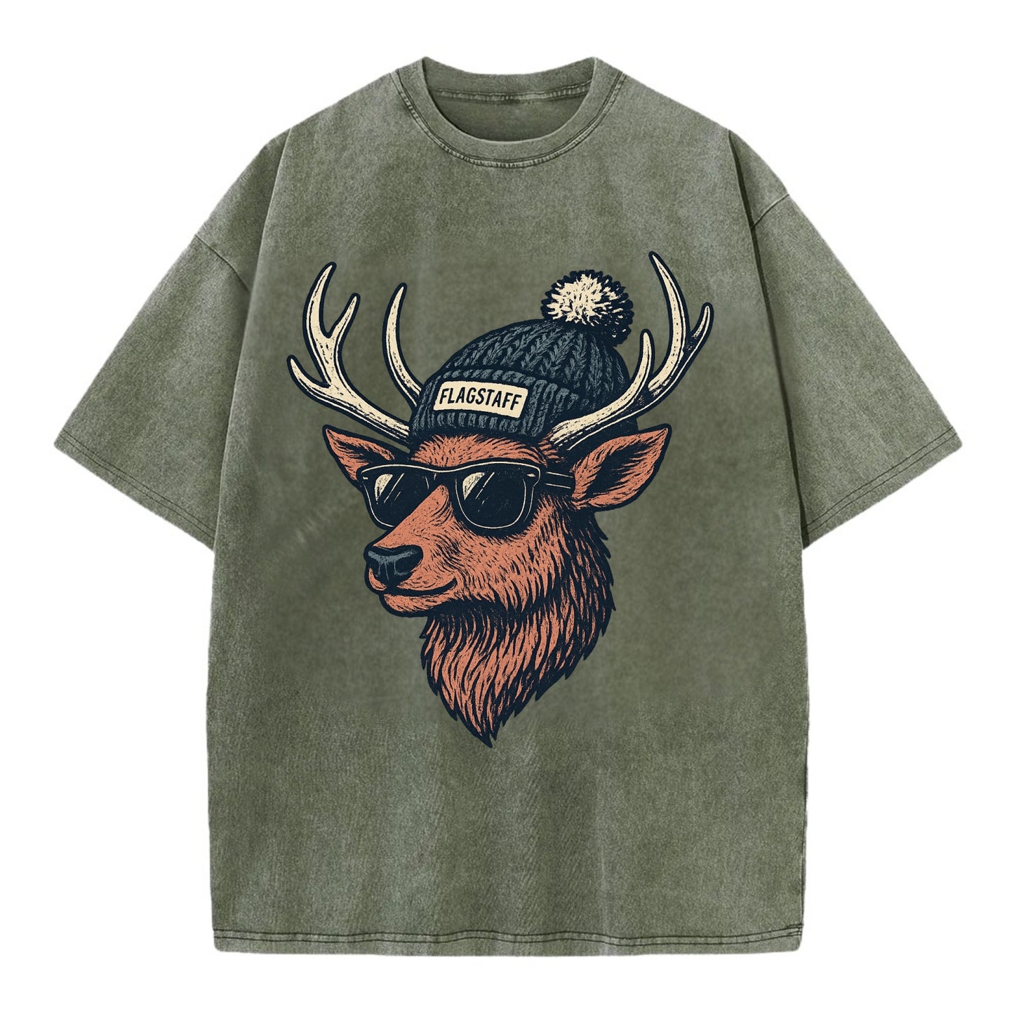 Flagstaff Elk wearing Flagstaff beanie with pom pom and wayfarer sunglasses - Vintage T-shirt - Army Green