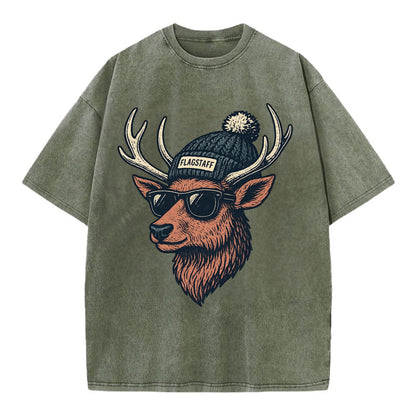 Flagstaff Elk wearing Flagstaff beanie with pom pom and wayfarer sunglasses - Vintage T-shirt - Army Green