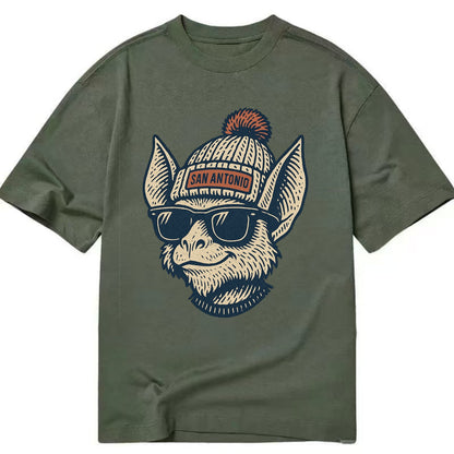 San Antonio Bat wearing San Antonio beanie with pom pom and wayfarer sunglasses - Classic T-shirt - Army Green