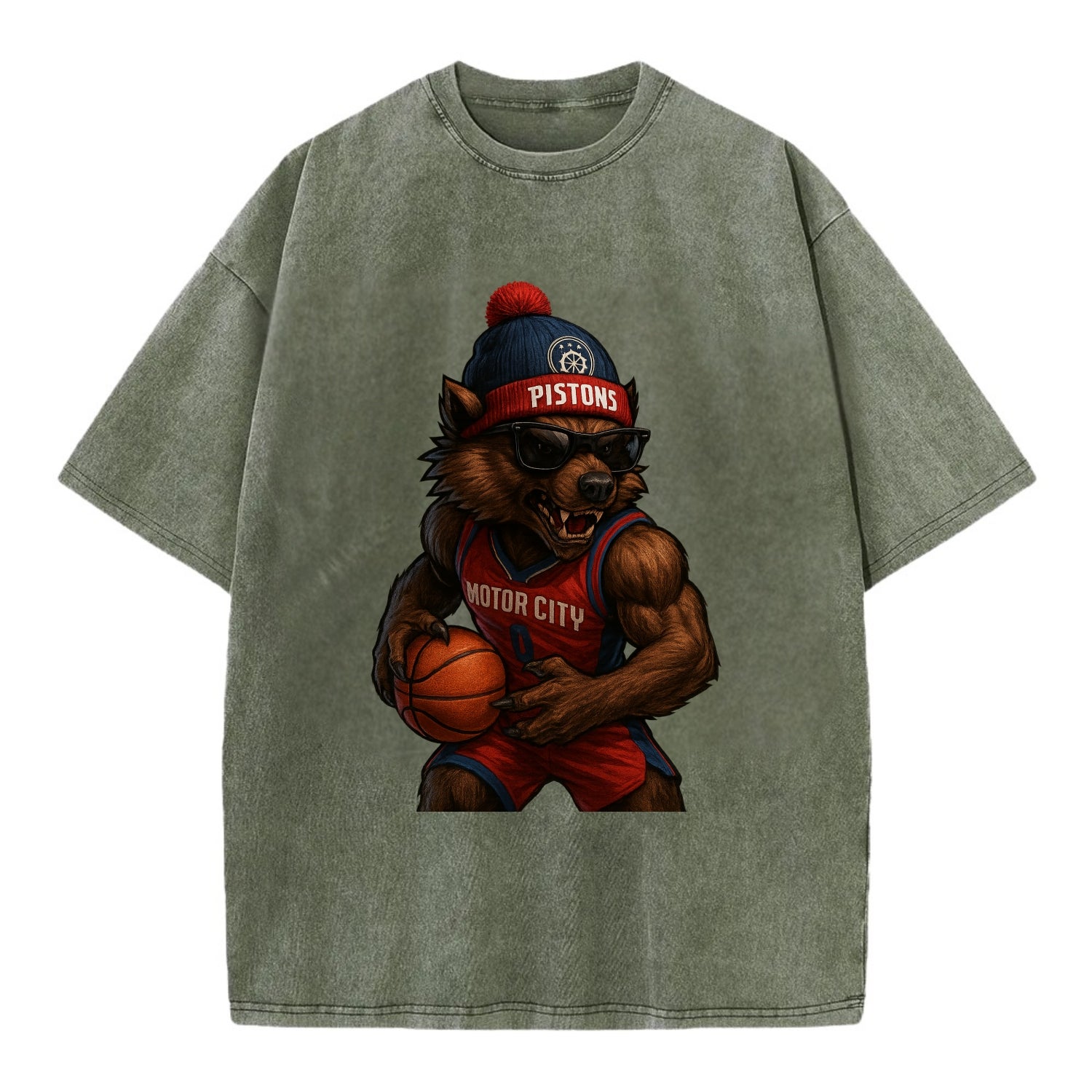 Motor City Wolverine wearing Pistons beanie with gear patch and wayfarer - Vintage T-shirt - Army Green