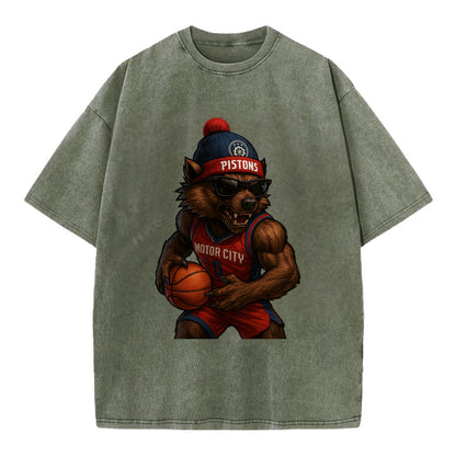 Motor City Wolverine wearing Pistons beanie with gear patch and wayfarer - Vintage T-shirt - Army Green