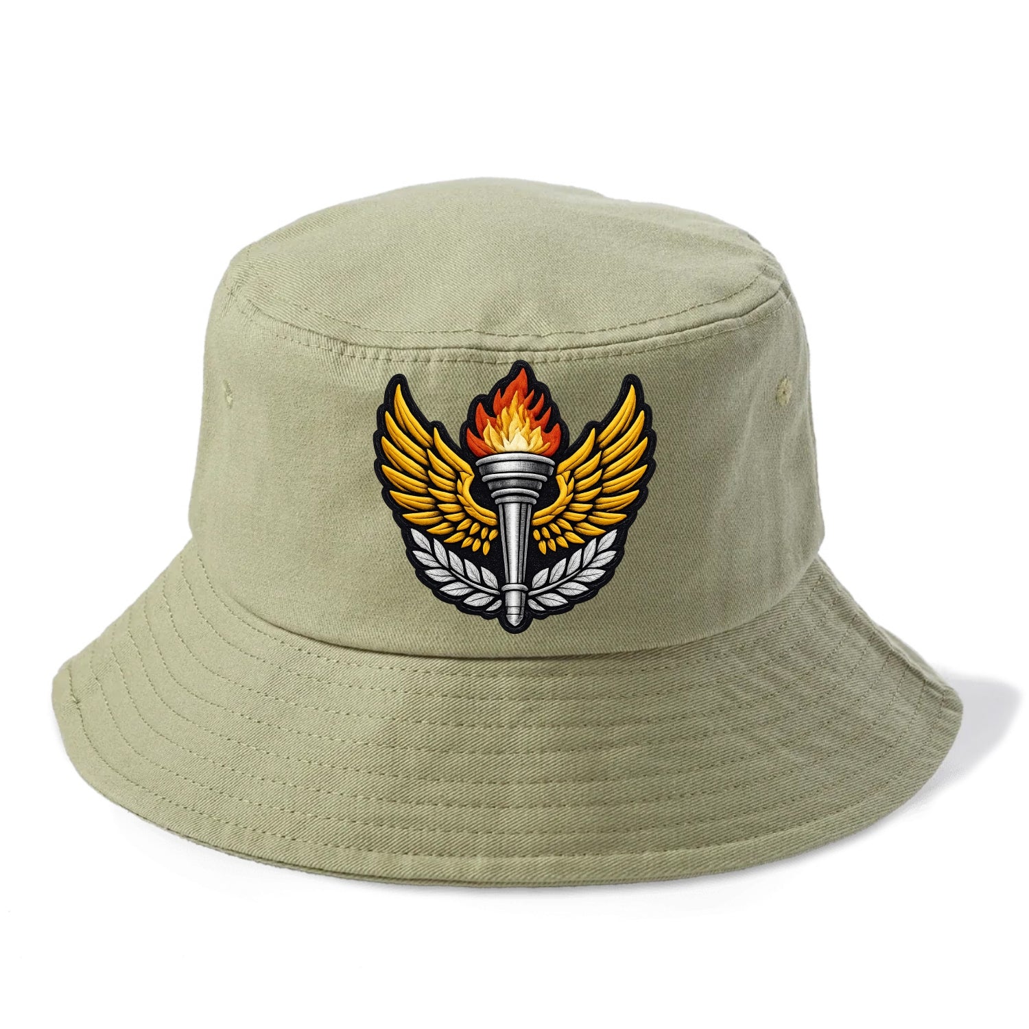 Embroidered patch design - TRACK AND FIELD TORCH - Olympic style torch with wings in - Bucket Hat - Army Green