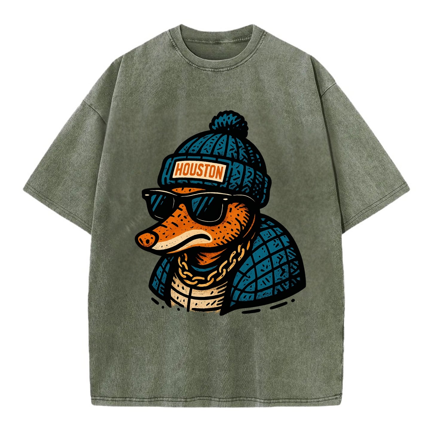 Houston Armadillo wearing Houston beanie with pom pom and wayfarer sunglasses - Vintage T-shirt - Army Green