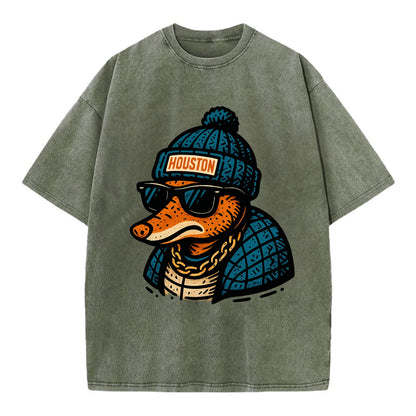 Houston Armadillo wearing Houston beanie with pom pom and wayfarer sunglasses - Vintage T-shirt - Army Green