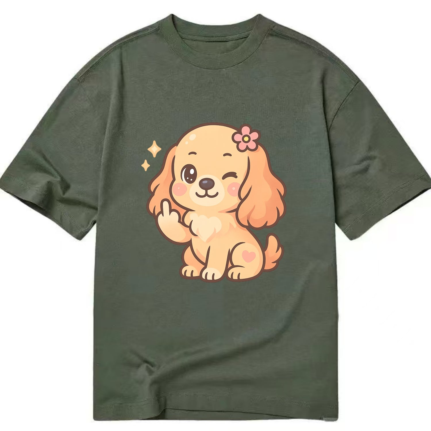 Cocker Spaniel with long wavy ears, gentle face, paw flipping off - Classic T-shirt - Army Green
