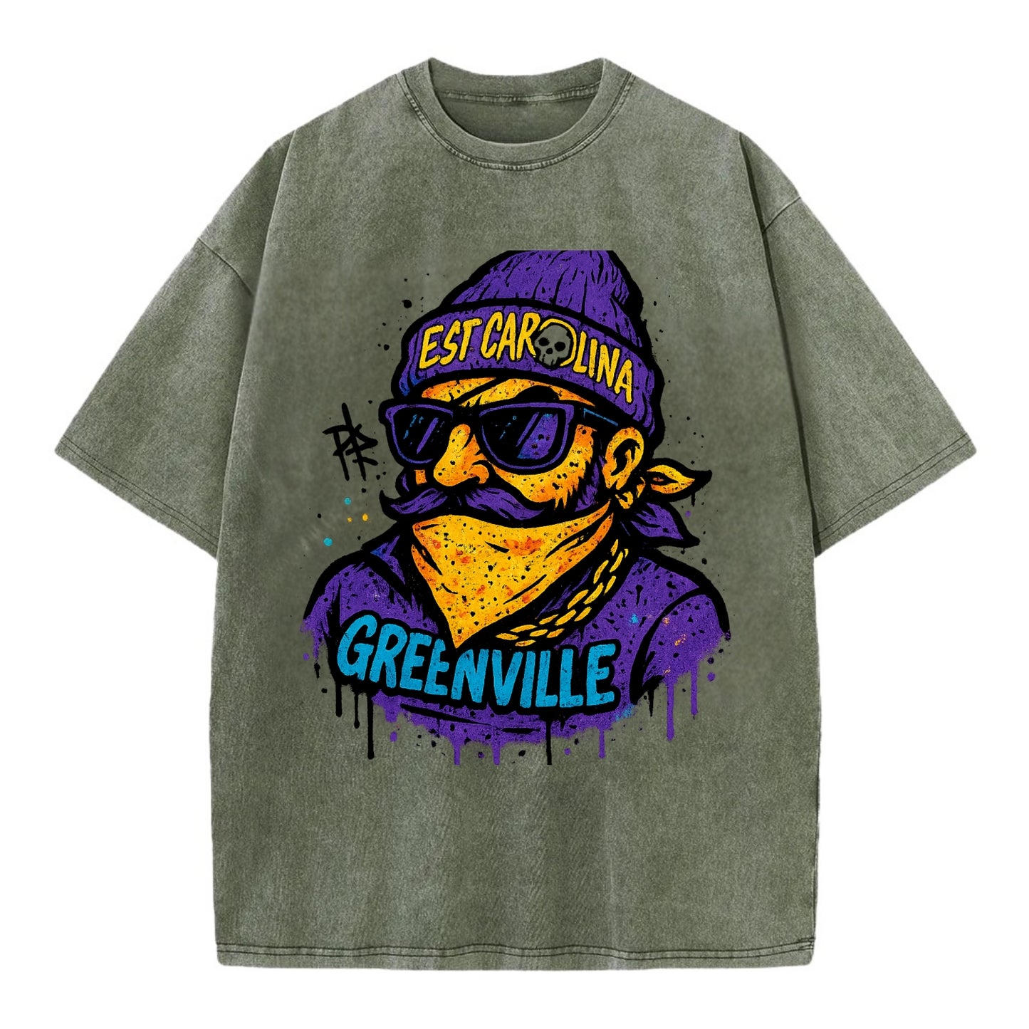 Greenville Pirate wearing East Carolina beanie with skull patch - Vintage T-shirt - Army Green
