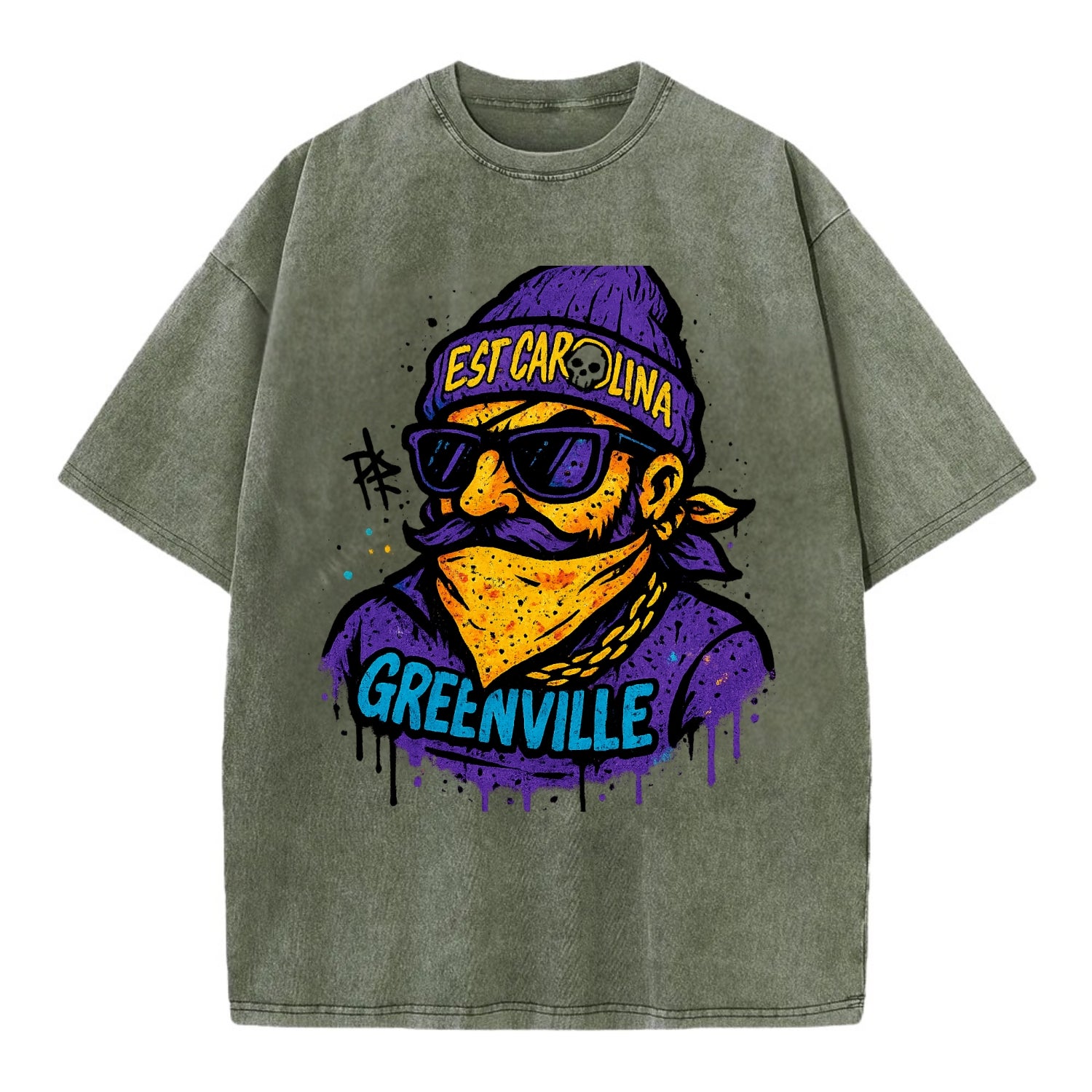 Greenville Pirate wearing East Carolina beanie with skull patch - Vintage T-shirt - Army Green