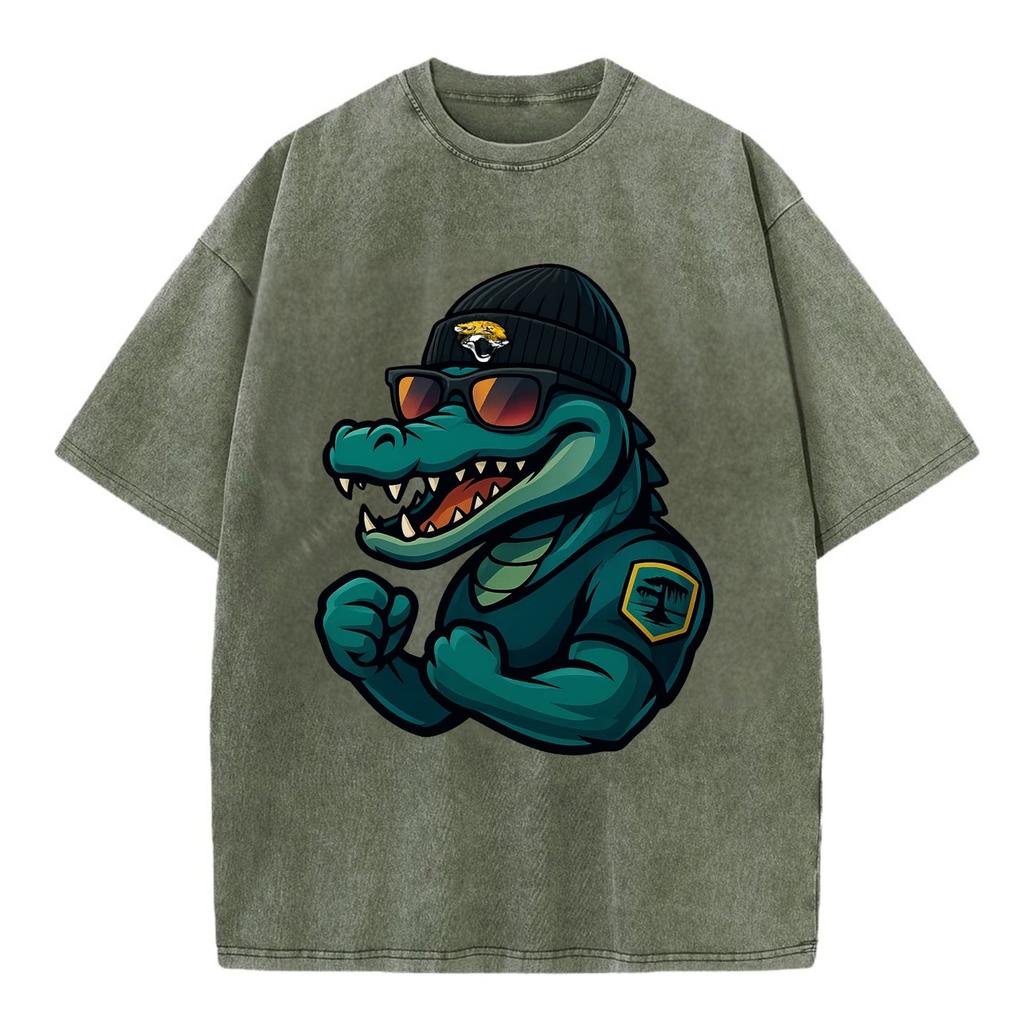 Jacksonville Alligator wearing Jaguars beanie with swamp patch and wayfarer - Vintage T-shirt - Army Green