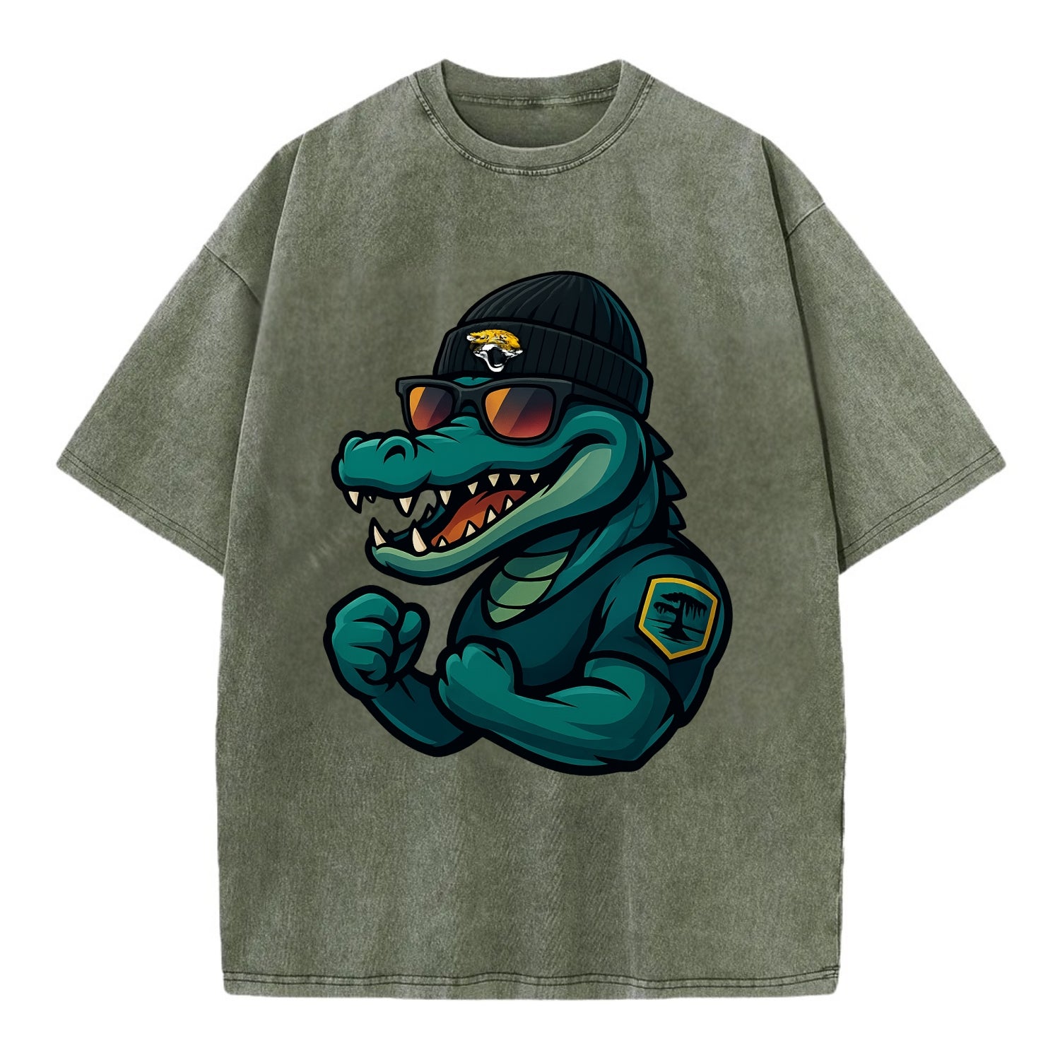 Jacksonville Alligator wearing Jaguars beanie with swamp patch and wayfarer - Vintage T-shirt - Army Green
