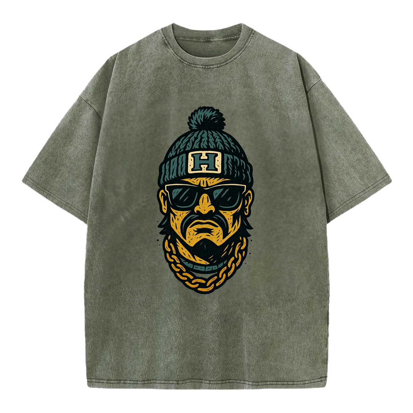 Honolulu Warrior wearing Hawaii beanie with H patch - Vintage T-shirt - Army Green