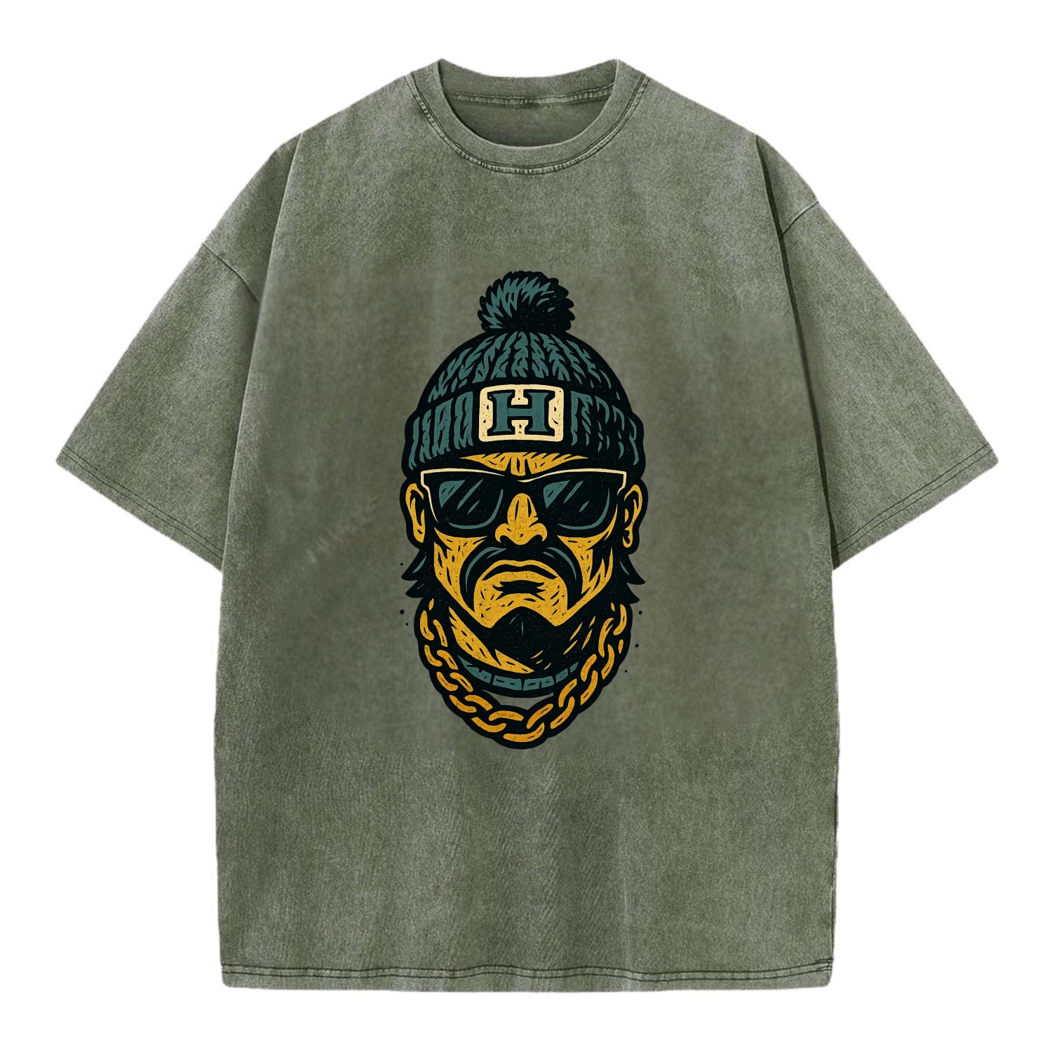 Honolulu Warrior wearing Hawaii beanie with H patch - Vintage T-shirt - Army Green