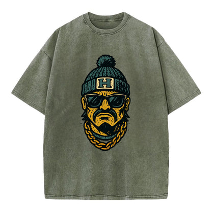 Honolulu Warrior wearing Hawaii beanie with H patch - Vintage T-shirt - Army Green