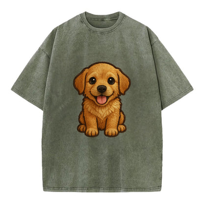 Baby Golden Retriever Puppy - fluffy golden fur, big brown eyes, pink tongue, - Vintage T-shirt - Army Green
