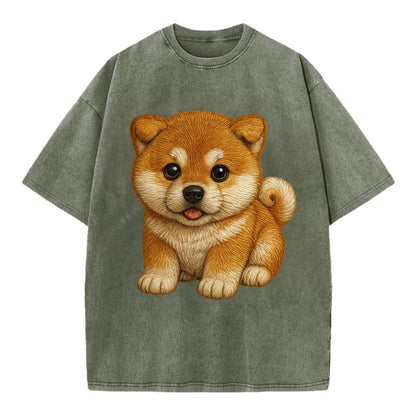 Baby Akita Puppy - fluffy bear-like, curled tail, dignified eyes, front-facing, - Vintage T-shirt - Army Green