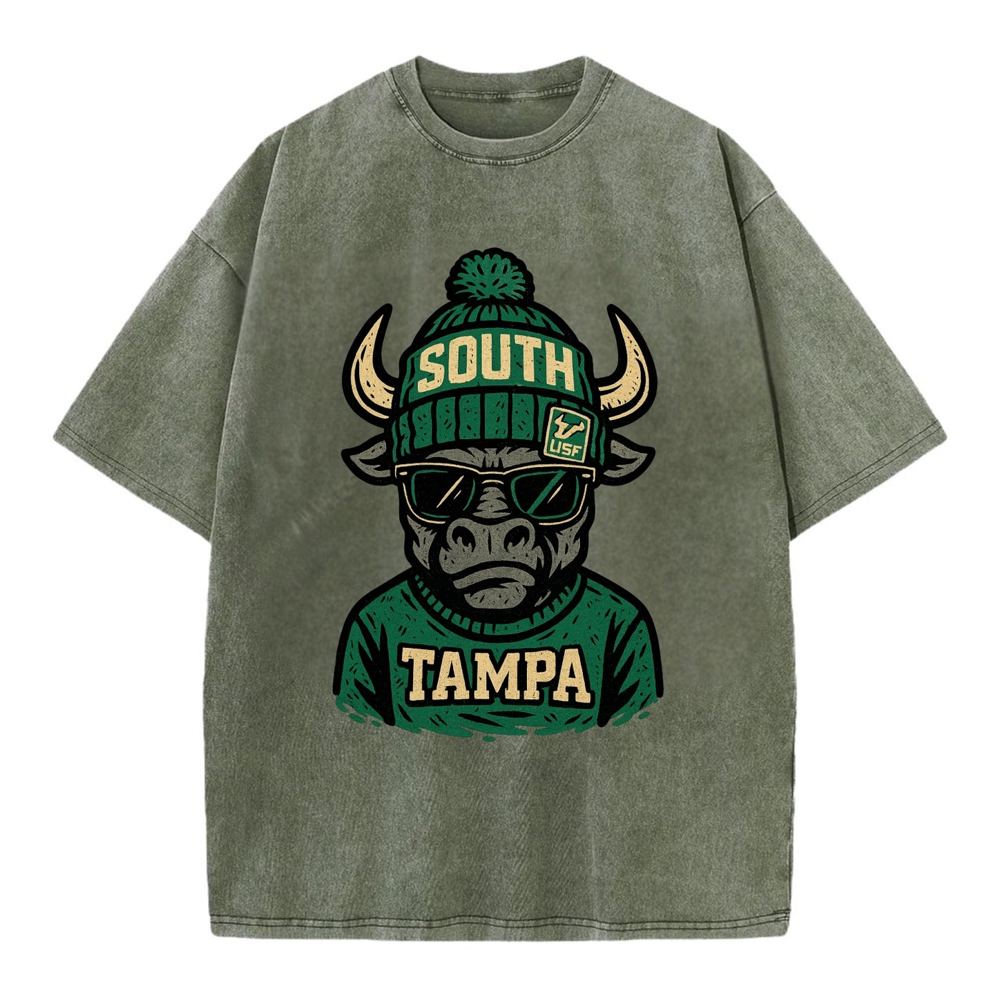 Tampa Bull wearing South Florida beanie with USF patch - Vintage T-shirt - Army Green