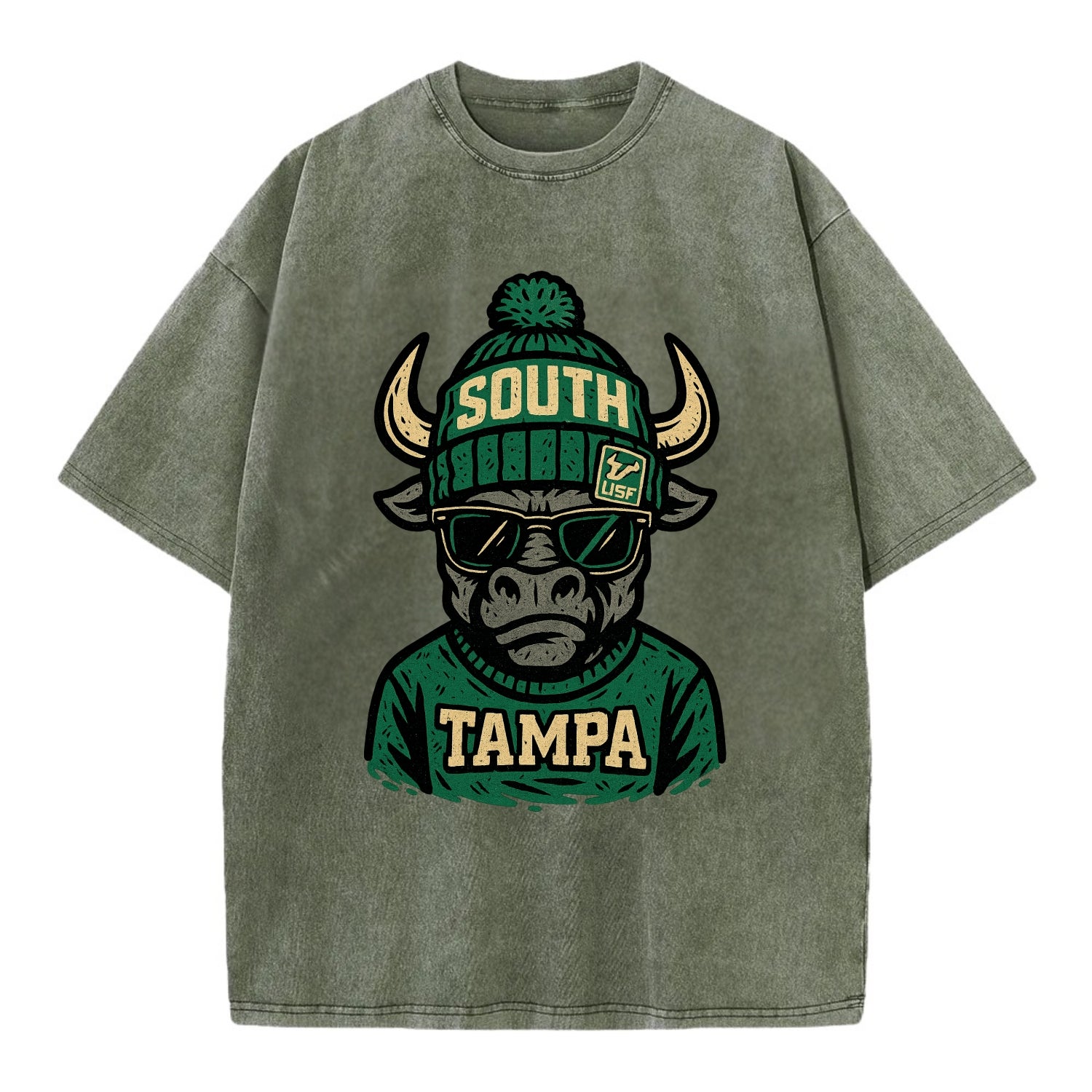 Tampa Bull wearing South Florida beanie with USF patch - Vintage T-shirt - Army Green