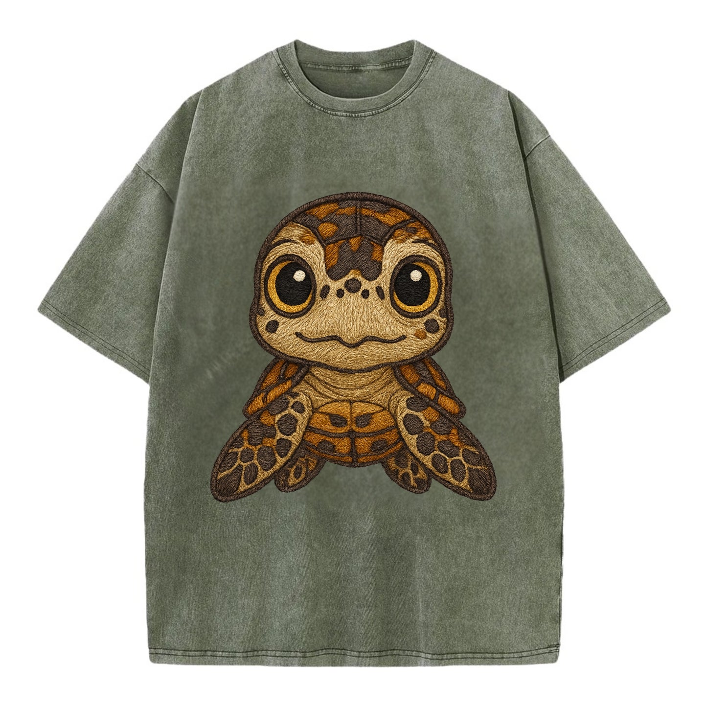 Baby Hawksbill Turtle - amber and brown shell pattern, curious golden eyes, - Vintage T-shirt - Army Green