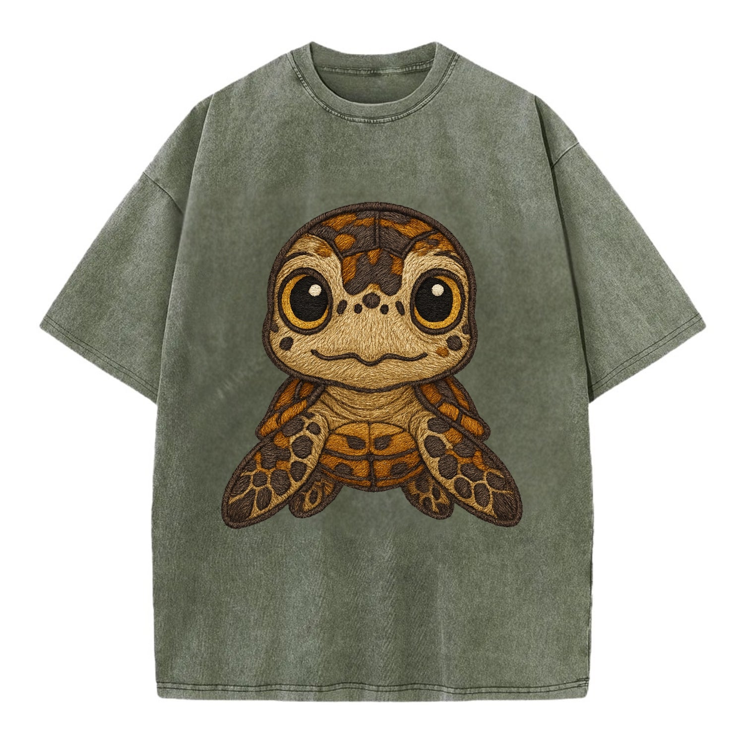 Baby Hawksbill Turtle - amber and brown shell pattern, curious golden eyes, - Vintage T-shirt - Army Green