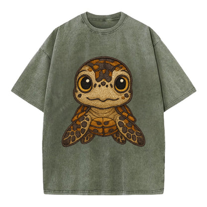 Baby Hawksbill Turtle - amber and brown shell pattern, curious golden eyes, - Vintage T-shirt - Army Green