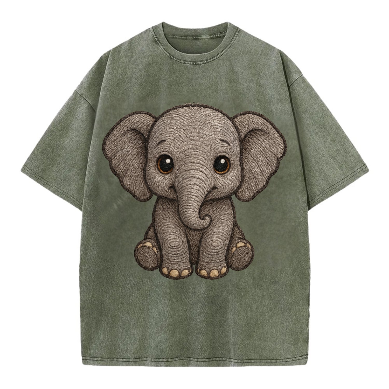 Baby Elephant - gray wrinkly, tiny trunk, large floppy ears, kind dark eyes, - Vintage T-shirt - Army Green