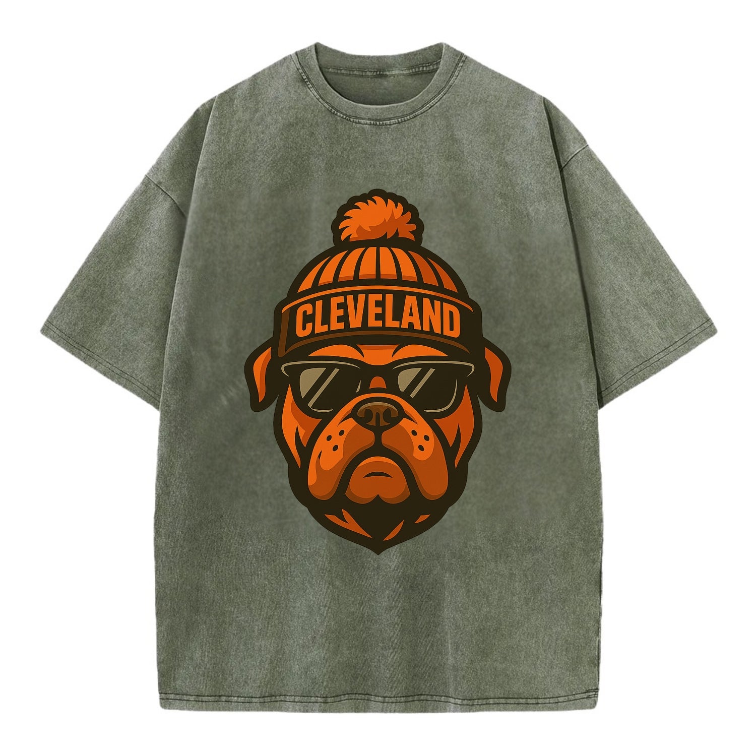 Cleveland Bulldog wearing Browns orange and brown beanie with pom pom and - Vintage T-shirt - Army Green