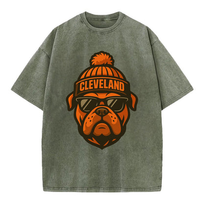 Cleveland Bulldog wearing Browns orange and brown beanie with pom pom and - Vintage T-shirt - Army Green