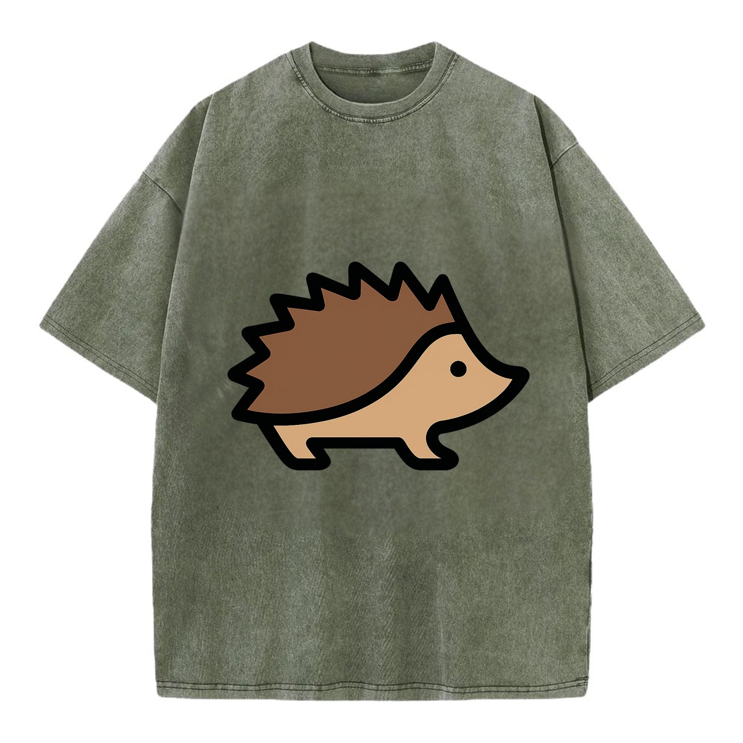 Hedgehog - Brown spiky back flat side profile - Vintage T-shirt - Army Green