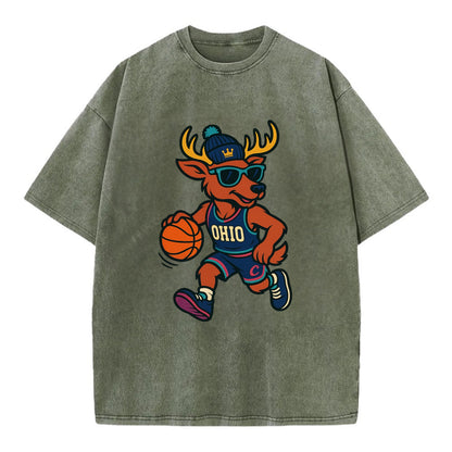 Ohio Deer wearing Cavs beanie with crown patch and wayfarer sunglasses - Vintage T-shirt - Army Green
