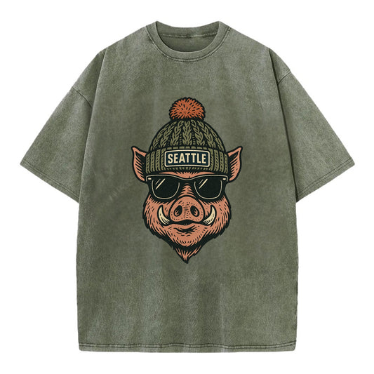 Washington Hog wearing Seattle beanie with pom pom and wayfarer sunglasses - Vintage T-shirt - Army Green