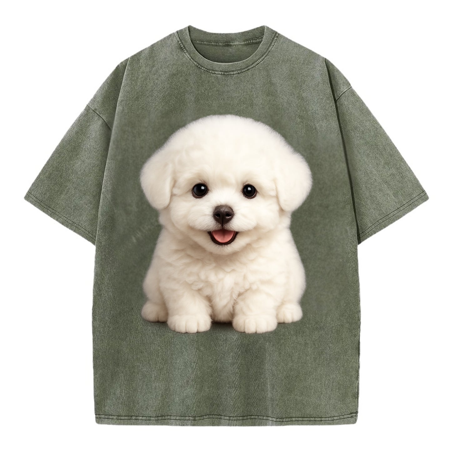 Baby Bichon Frise Puppy - white puffy cloud, dark eyes, happy expression, - Vintage T-shirt - Army Green