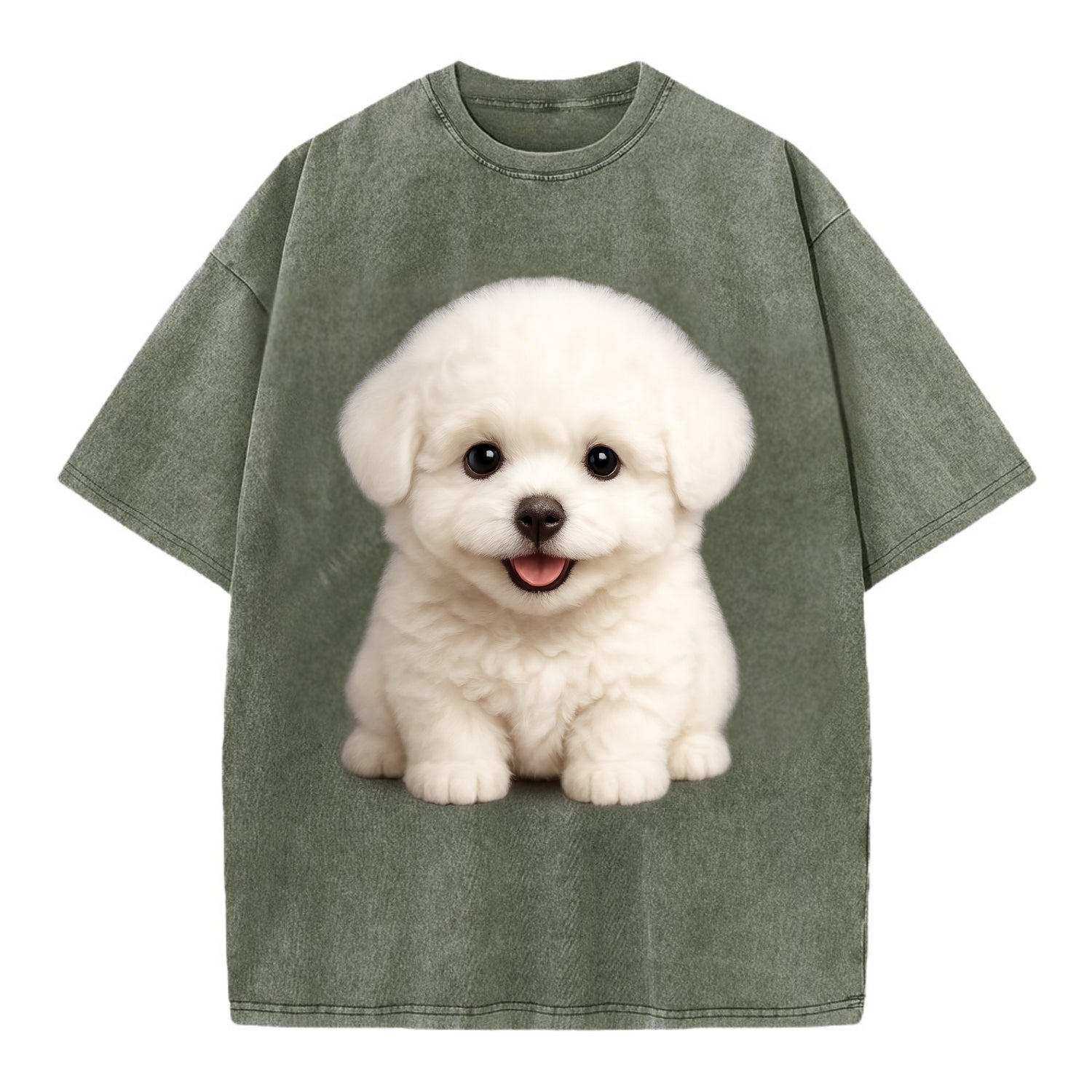 Baby Bichon Frise Puppy - white puffy cloud, dark eyes, happy expression, - Vintage T-shirt - Army Green