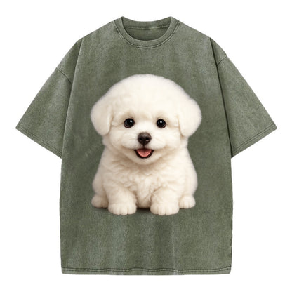 Baby Bichon Frise Puppy - white puffy cloud, dark eyes, happy expression, - Vintage T-shirt - Army Green