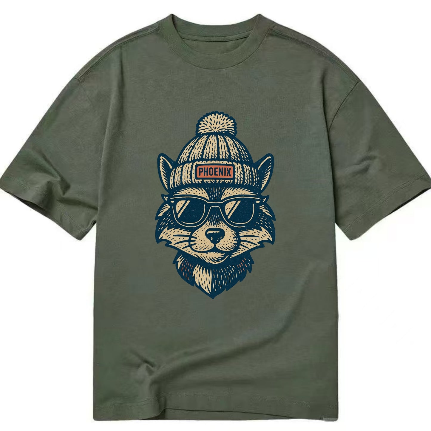 Arizona Ringtail wearing Phoenix beanie with pom pom and wayfarer sunglasses - Classic T-shirt - Army Green
