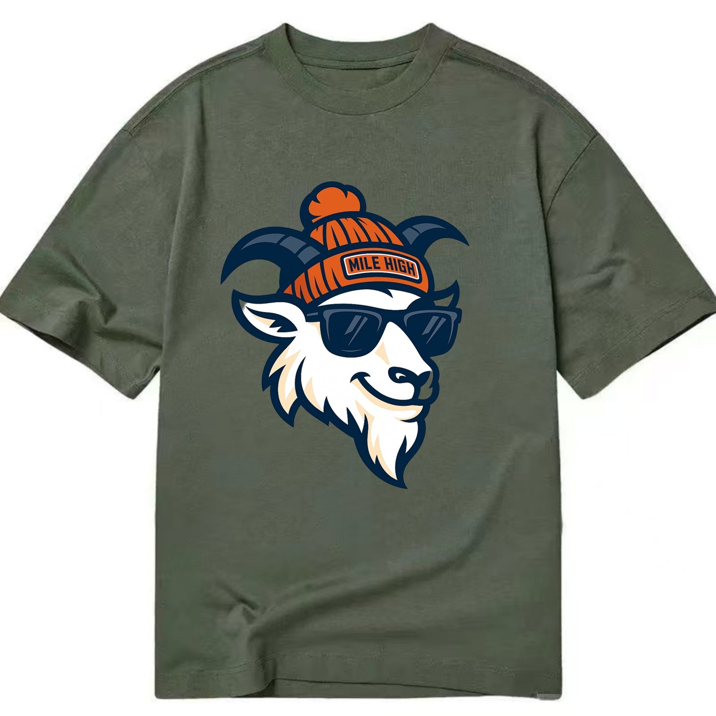 Denver Mountain Goat wearing Broncos beanie with Mile High patch and wayfarer - Classic T-shirt - Army Green