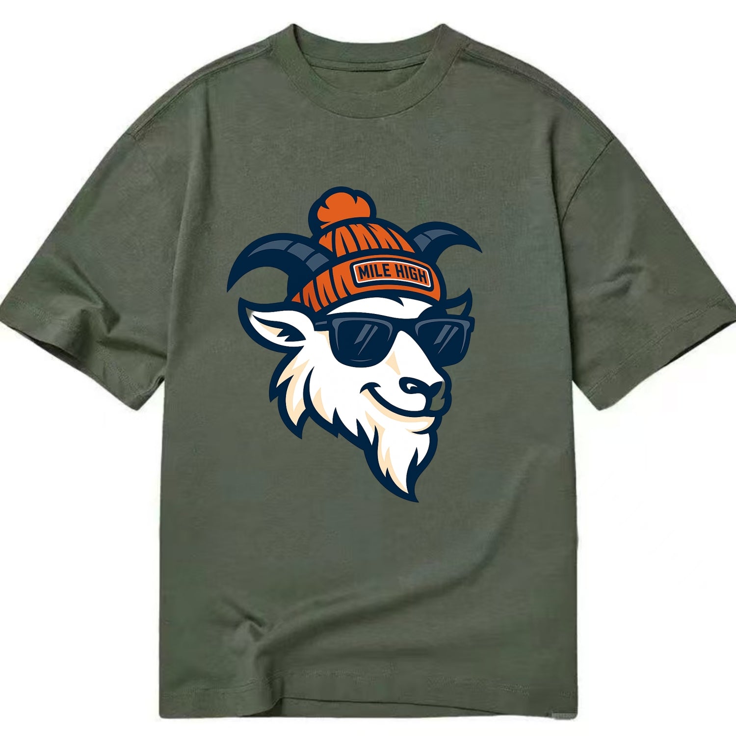 Denver Mountain Goat wearing Broncos beanie with Mile High patch and wayfarer - Classic T-shirt - Army Green