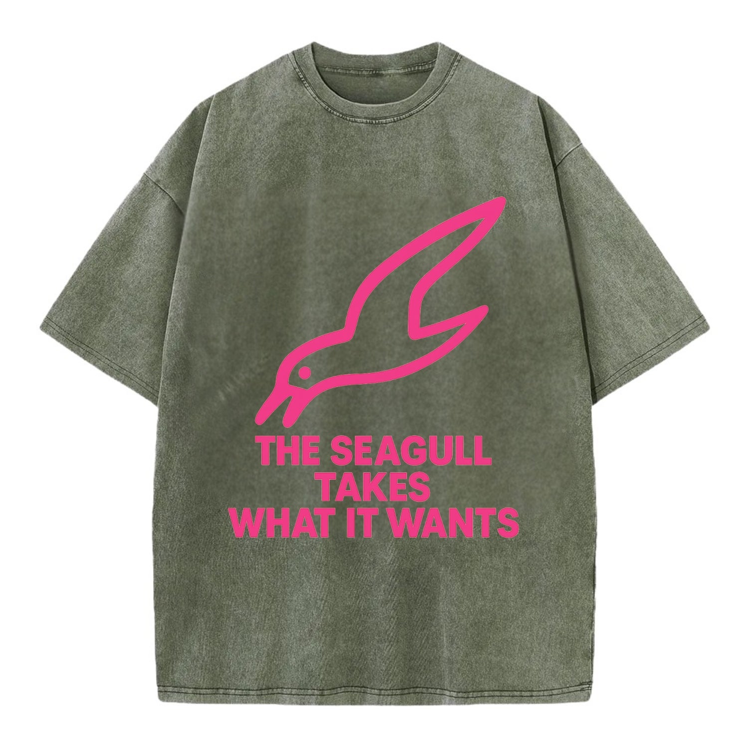 THE SEAGULL TAKES WHAT IT WANTS | Aggressive seagull diving down - Vintage T-shirt - Army Green